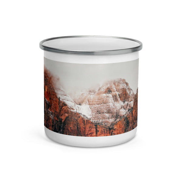 Misty Red Mountains Enamel Mug Tracy McCrackin Photography Home Decor - Tracy McCrackin Photography