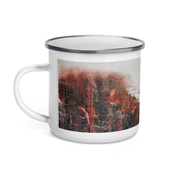 Misty Red Mountains Enamel Mug Tracy McCrackin Photography Home Decor - Tracy McCrackin Photography