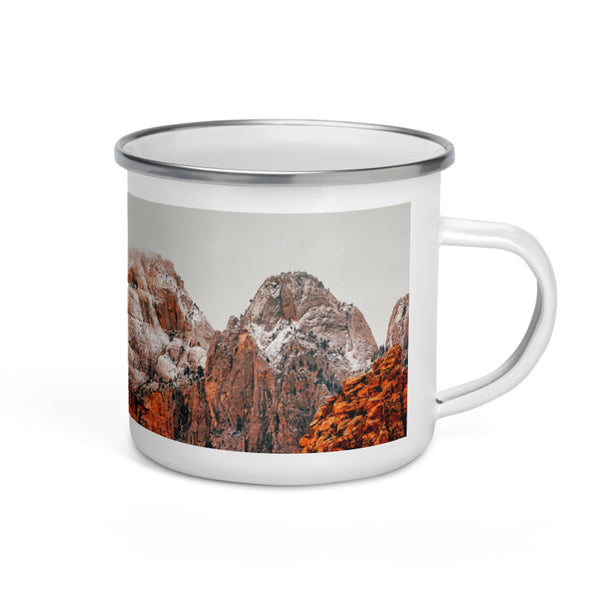 Misty Red Mountains Enamel Mug Tracy McCrackin Photography Home Decor - Tracy McCrackin Photography