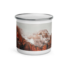 Load image into Gallery viewer, Misty Red Mountains Enamel Mug Tracy McCrackin Photography Home Decor - Tracy McCrackin Photography